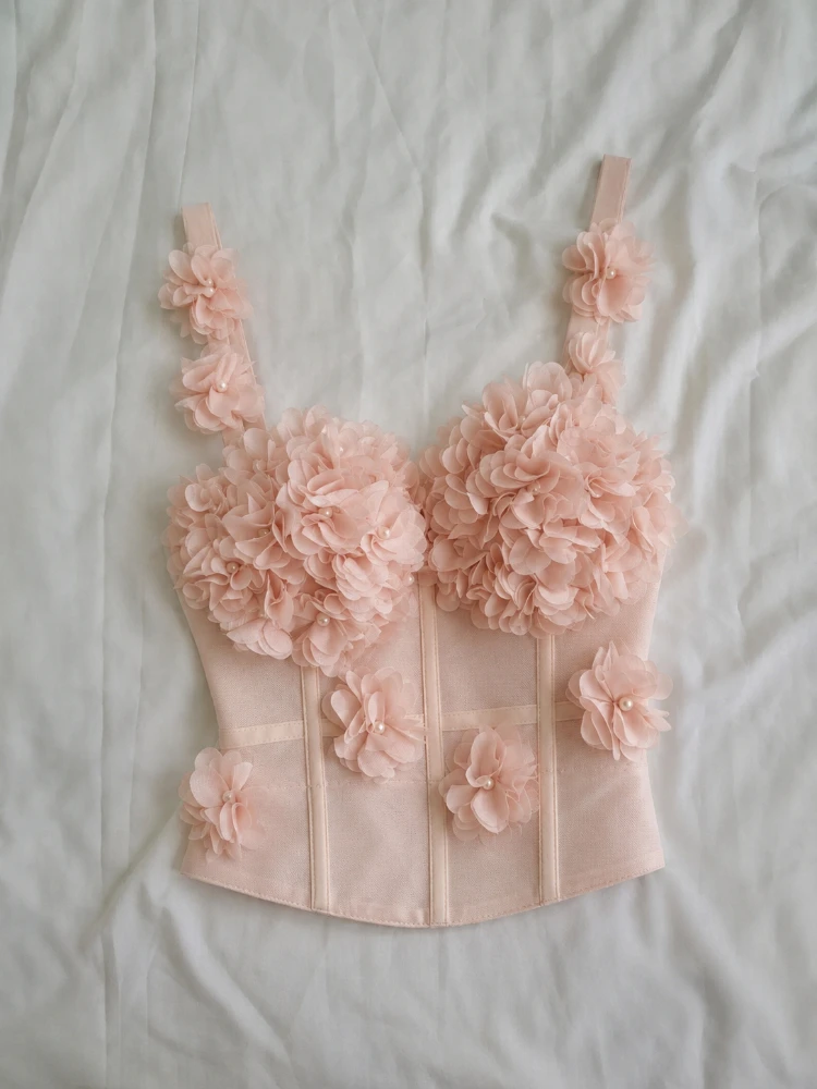 French High Street Summer Sleeveless Camisole Sexy Backless Floral Thin Straps Slim Cropped Short Top Daily Outfit For Ladies