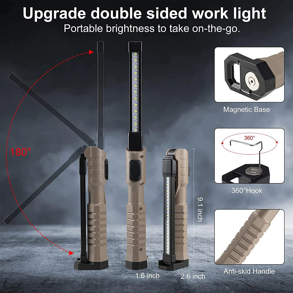 Portable LED Flashlight COB Work Light USB Rechargeable 180 ° Adjustment with Tail Magnet and Hook Emergency Work Lamp