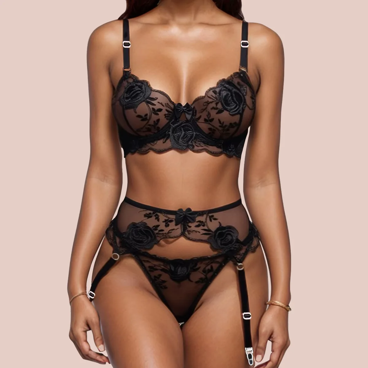 Women Sexy Lace Embroidery Bra Set 3 Piece Garters Push Up Bra Sexy Lingerie Sets Erotic Costumes Mesh Patchwork Perspective