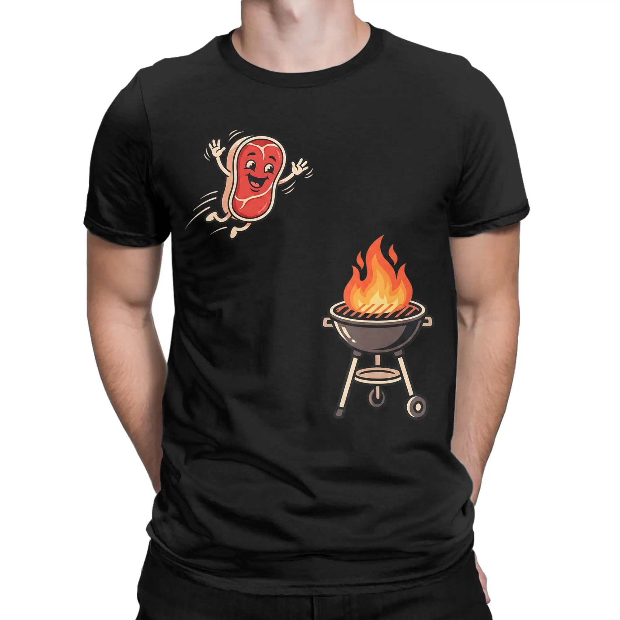 Men BBQ Steak Meme Cute Meat Jumping Into Grill T Shirt  Cotton Clothes Unique Short Sleeve Round Neck Tees Gift Idea T-Shirts