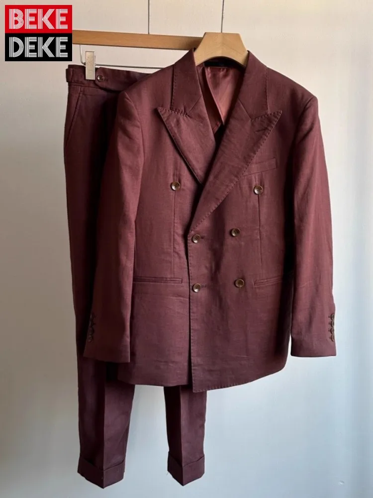 

Spring Summer Thin Men Double Breasted Linen Blazers Suits Breathable Fashion Two-Piece Set Casual Full Length Pants Outfits