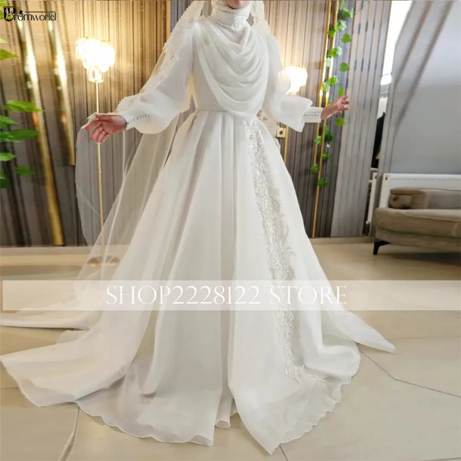 Abito da sposa musulmano a maniche lunghe per donna Hijab Bride 2024 abiti da sposa con collo alto a-line Chiffon Vestido De Casamento