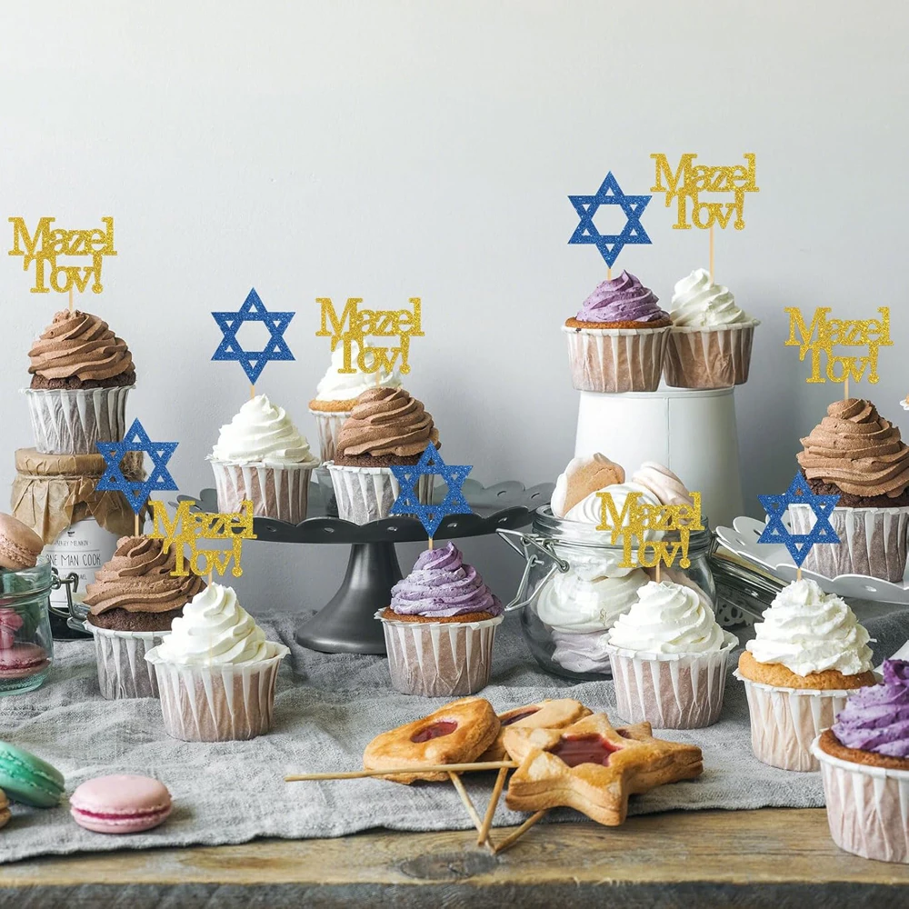 Mazel Tov Cupcake Topper, Verlobung, Babyparty, Bar Mizwa, Geburtstag, Hochzeit, jüdische Partydekorationszubehör – Detail 4