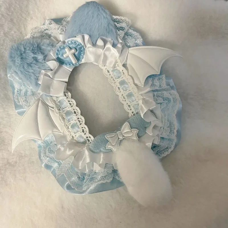Sky Blue Angel Tail Lace Frill Card Holder DIY Handmade Kpop Photocard Pendant Backpack Decor for Student Idol Photo Keychain