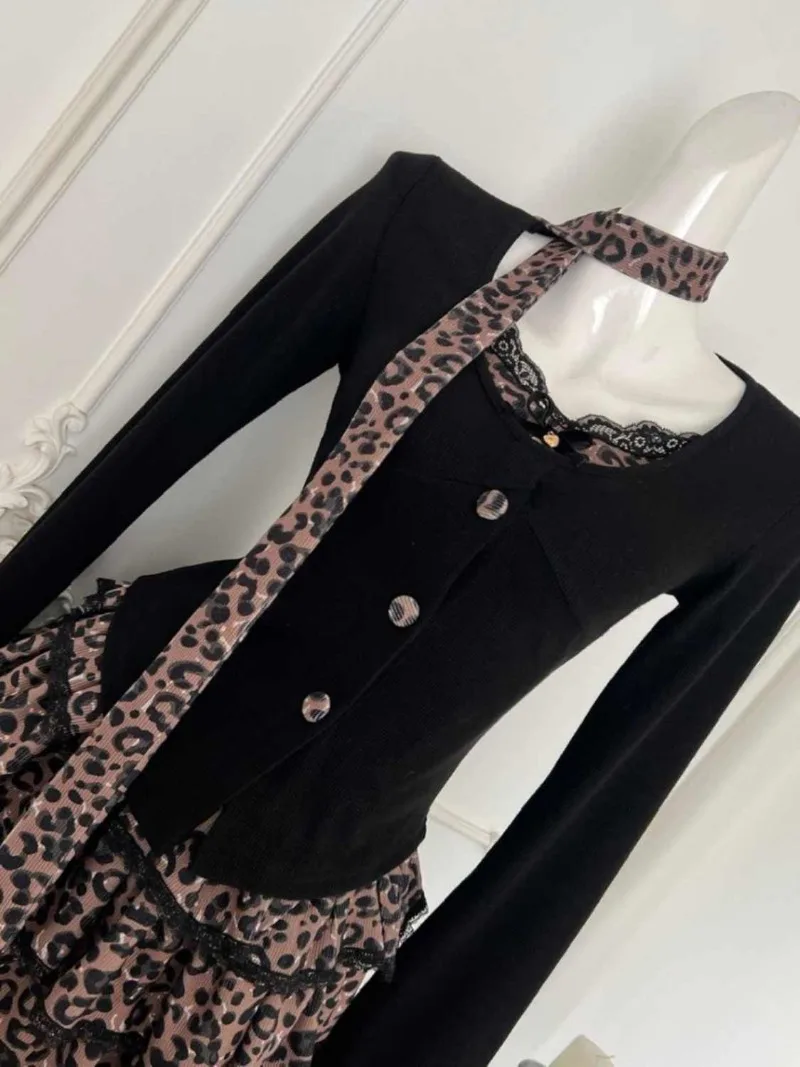 American Retro Leopard 2 Piece Set Sweet Hot Girl Slim Tops + Y2k Grunge Fashion Mini Skirt Vintage Streetwear Suit Chic