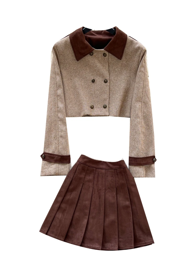 French Fashion Elegant Lapel Two Piece Set Women Autumn Winter Retro Slim Double Breasted Short Jacket + Pleated Skirt Outfit