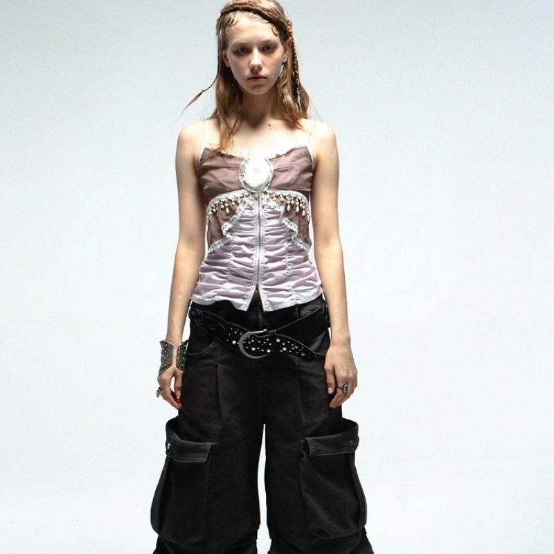 Spring Summer Chiffon Lace Heavy Elastic Slimming Wommen's Sling Original Design Sweet Cool Puff Sleeve Smock 2-Piece Set Ladies