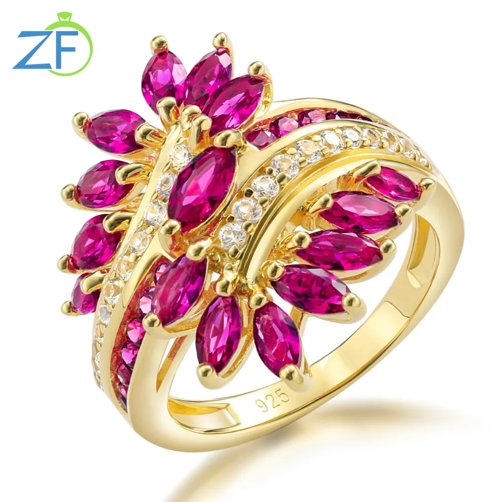 

GZ ZONGFA Authentic 925 Sterling Silver Leaf Ring for Women Plant Created Ruby Gems Sparkling Party 14K Gold Plated Fine Jewelry