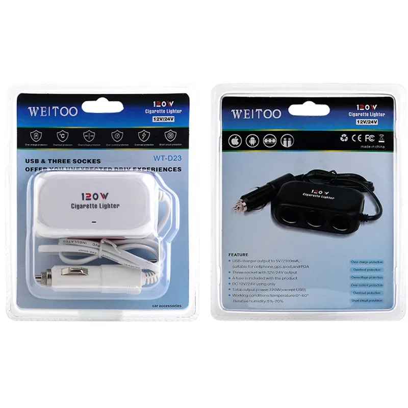 120W 3 in 1 Dual USB Socket Car Cigarette Lighter Adapte 12V 24V Splitter LED Fast Charger Plug Adapter for IPhone GPS Dashcam
