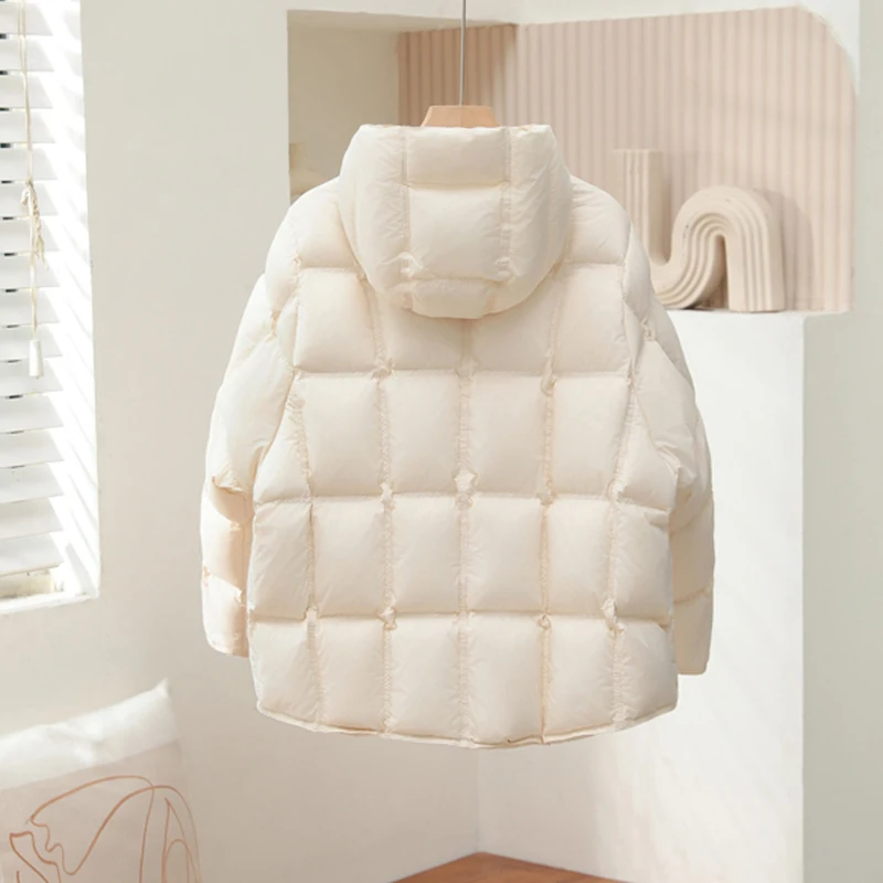 レディース新作フード付きホワイトダックダウンジャケット2025冬韓国版ゆったりショート厚手パフダウンコート女性無地カジュアルコート