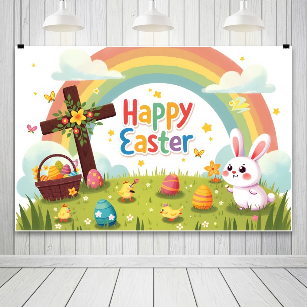 Easter Backdrop for Photography Bunny Shop Spring Easter Day  Background For Photography Rabbit Wood Floor Rainbow Photo Studio