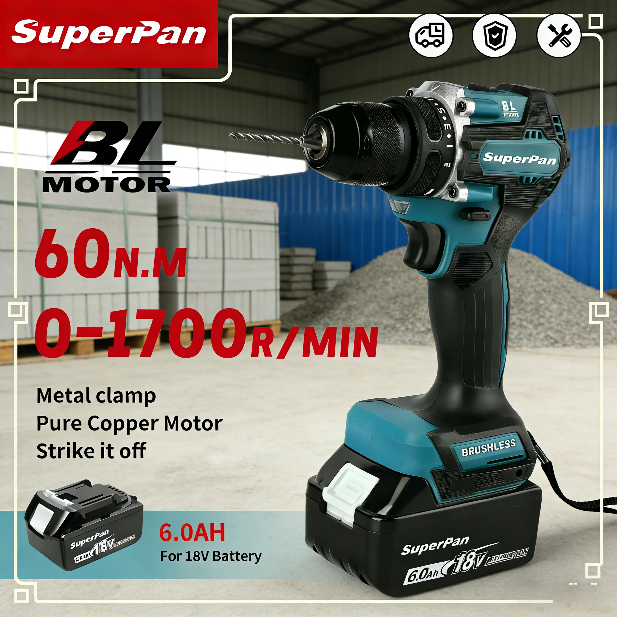 

SuperPan SP487 Cordless Drill Driver, Heat Sink & Anti-Slip Handle, for Daily Maintenance & Drilling for makita 18V battery pin