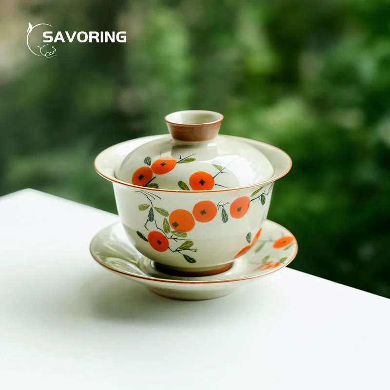 Hand Painted Persimmon Tea Tureen Ceramic Gaivan Sancai Covered Bowl Chinese Chawan Tea Bowl With Lid Tea Maker Gaiwan Teapot