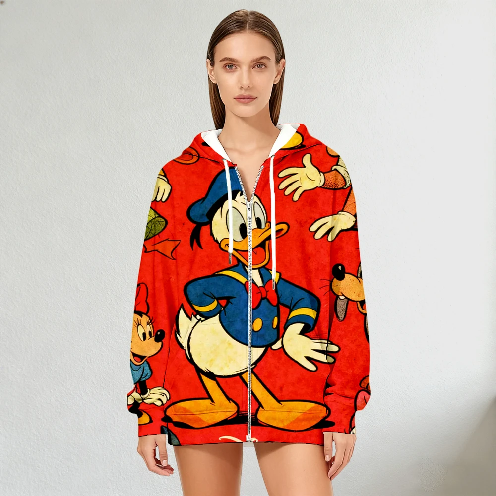 Disney pato donald & personagens clássicos feminino zip up hoodie retro impressão dos desenhos animados outono & inverno moda streetwear estilos casuais