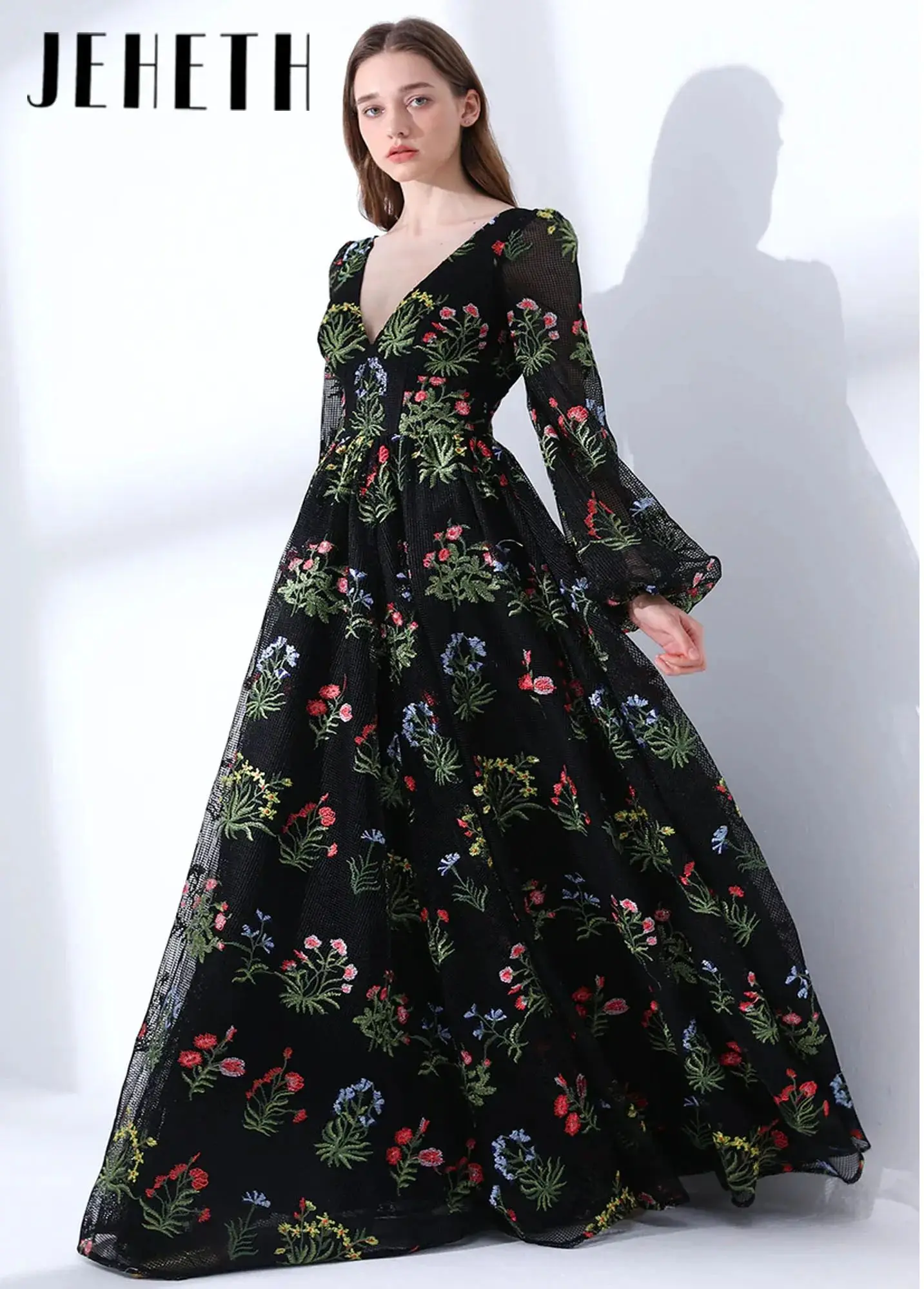 

Elegant Black V-Neck Long Sleeve Evening Dress Wedding Party Dress Women Floor-Length Garden Robe Prom Gown Formal Customized