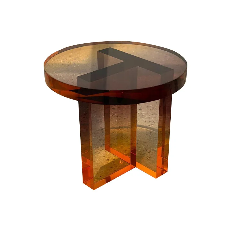 Acrylic coffee table small round table simple sofa side table, living room amber round gradual change crystal table