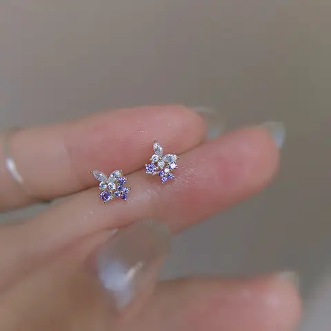 925 Silver Needle Purple White Zircon Butterfly Stud Earrings for Fashion Women  Accessories Jewelry