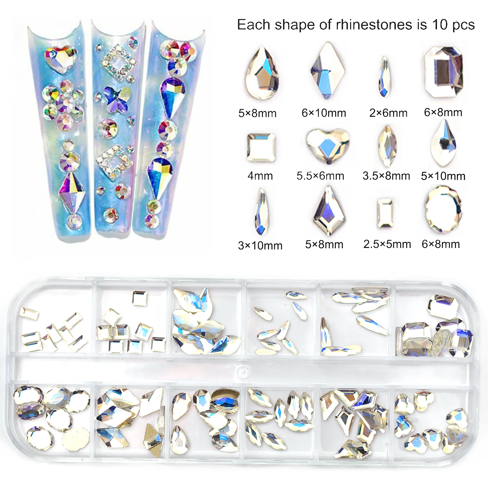 120PCS/12Girds Moonlight Nail Charms Rhinestones Flatback Crystal Diamond Gems 3D Glitter SW Nails Art Luxurious Decorations