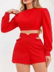 Solid Long Sleeve Crop Blouse Tops & Cutout Buttoned Shorts Set