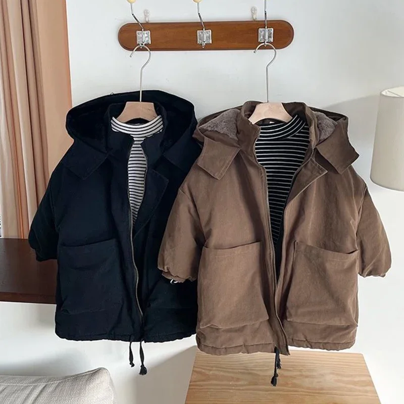 

2024 Autumn Winter Thicken Children Coat Jacket Boys Solid Color Hooded Jackets Kids Parka Outerwear 4-14Years