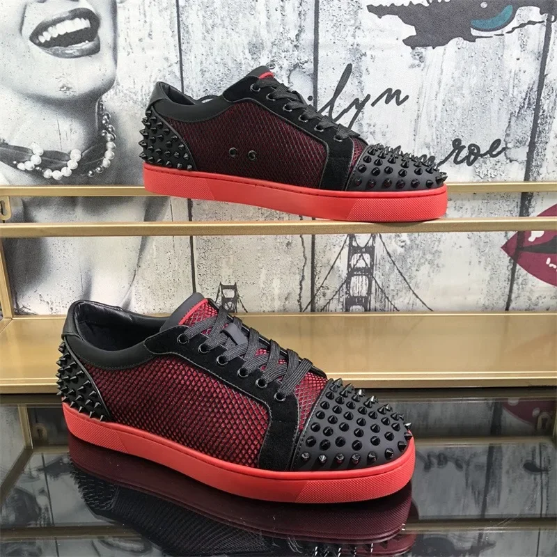 

Luxury Designer Black Breathable Leather Red Bottoms Low Top Rivets Shoes For Men's Casual Flats Loafers Women's Spiked Sneakers