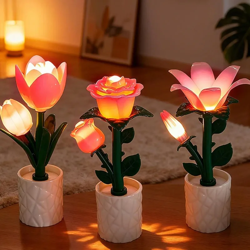 Creative Ornament Tulip Flower Sea Building Blocks Night Light Handmade Rose Ornament LED Atmosphere Desk Lamp