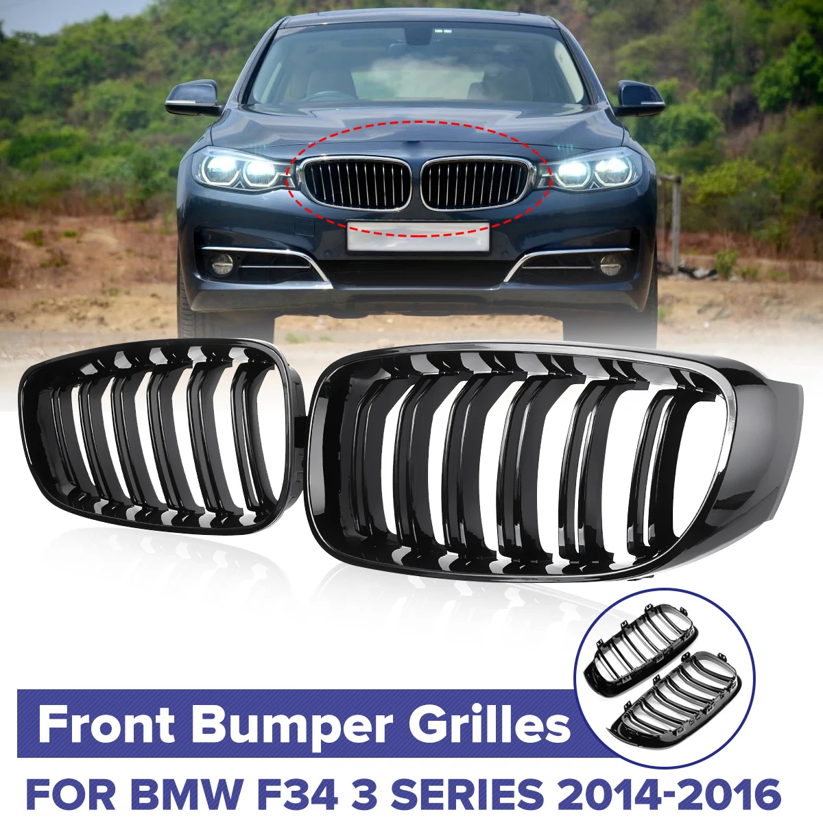 

Пара глянцевых черных решеток переднего бампера для BMW F34 335i GT 328i GTxDrive 2014 2015 2016, не подходят для седана и вагона