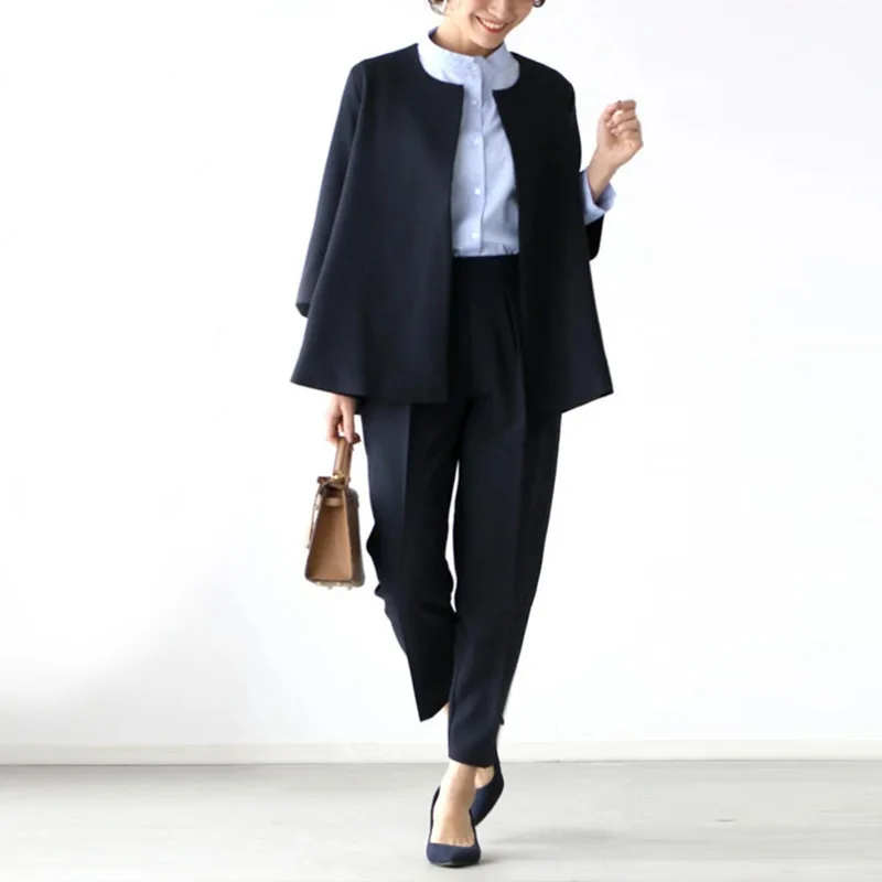 Spring Summer New Fashion Women's Solid Color Casual Trendy Loose Elegant 2 Piece Sets O-neck Cardigan Coats Straight Trousers
