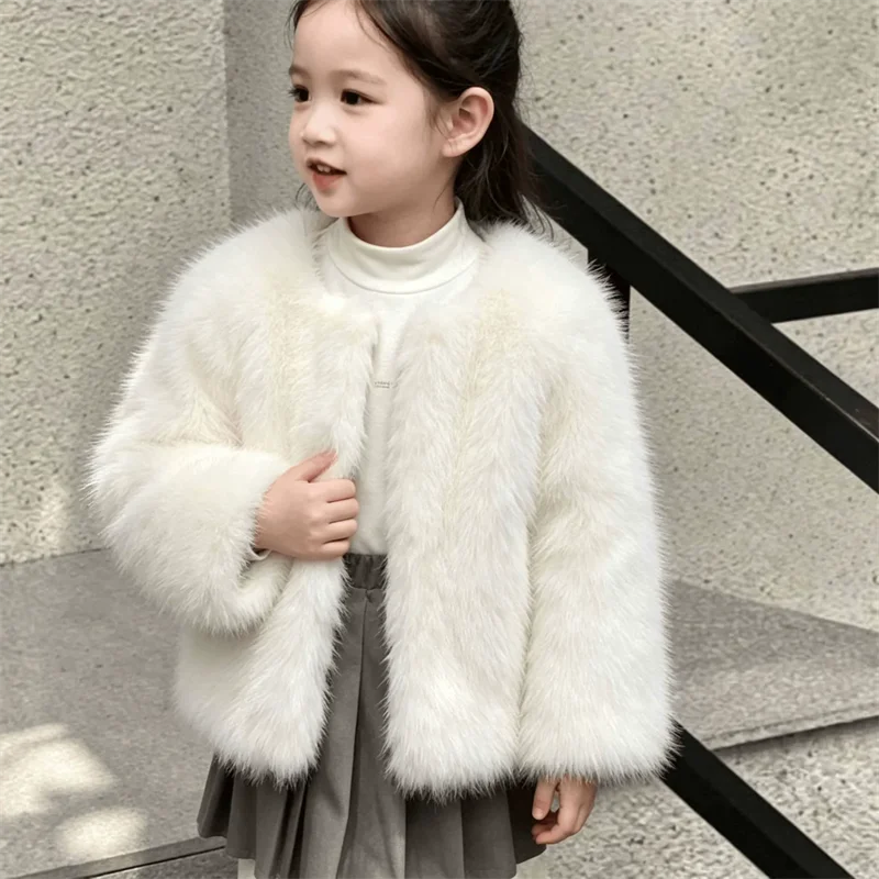 Girls Faux Fur Winter Coats Kids Plush Fashion Jackets Children Winter Warm Outerwear Princess Versatile Clothing 3-8 Years Old