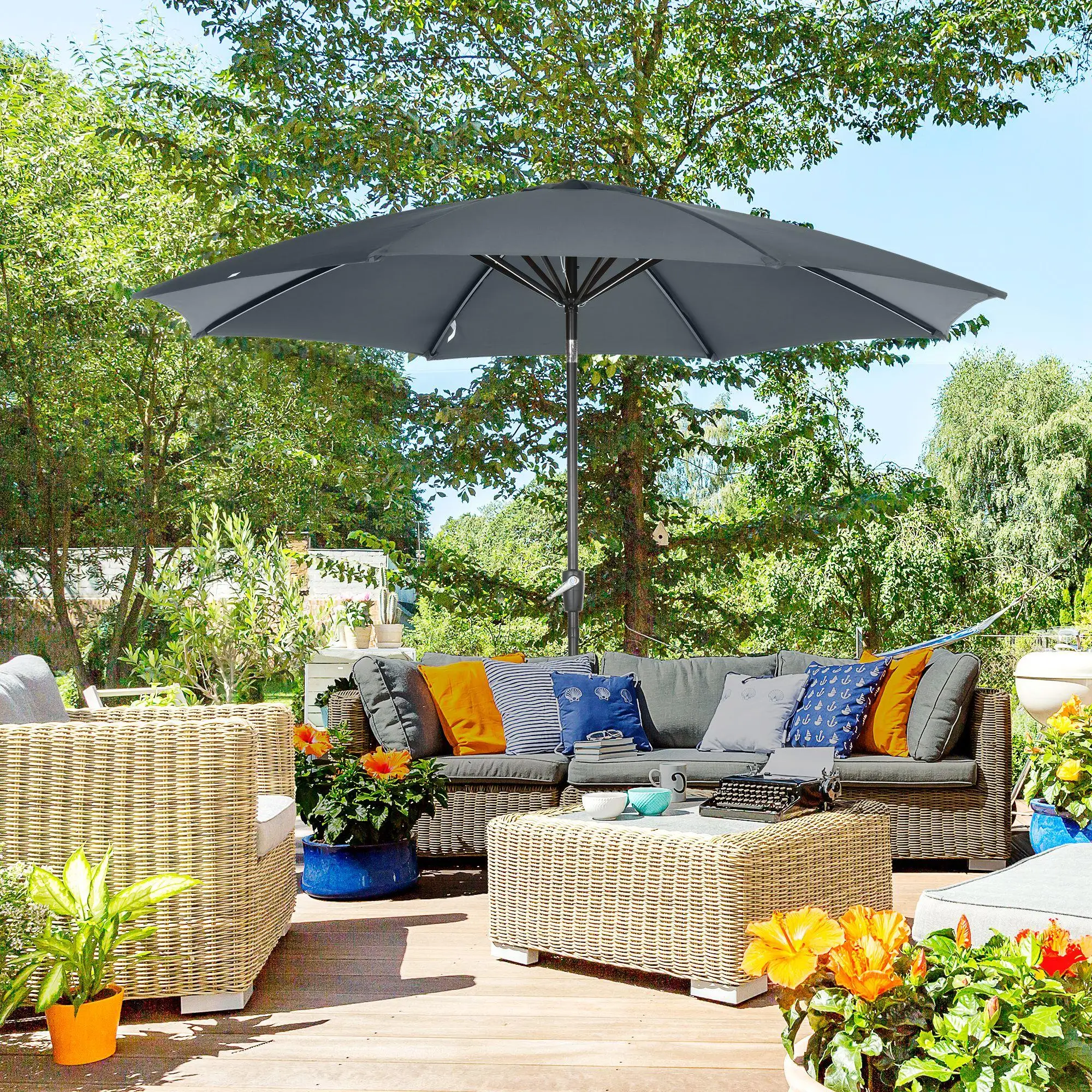 Toldo de jardín gris de 300x252 cm con manivela y mecanismo de inclinación, 100% poliéster para patio.