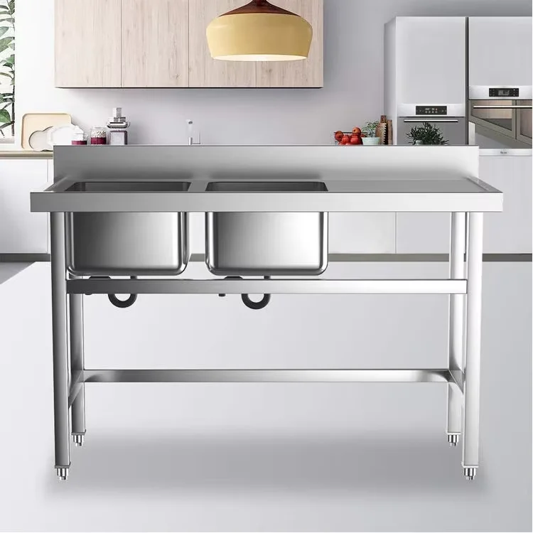 Commercial Hotel Kitchen Equipment Double Bowl Stainless Steel Sink with Work Table Square Shape and Two Holes view 4