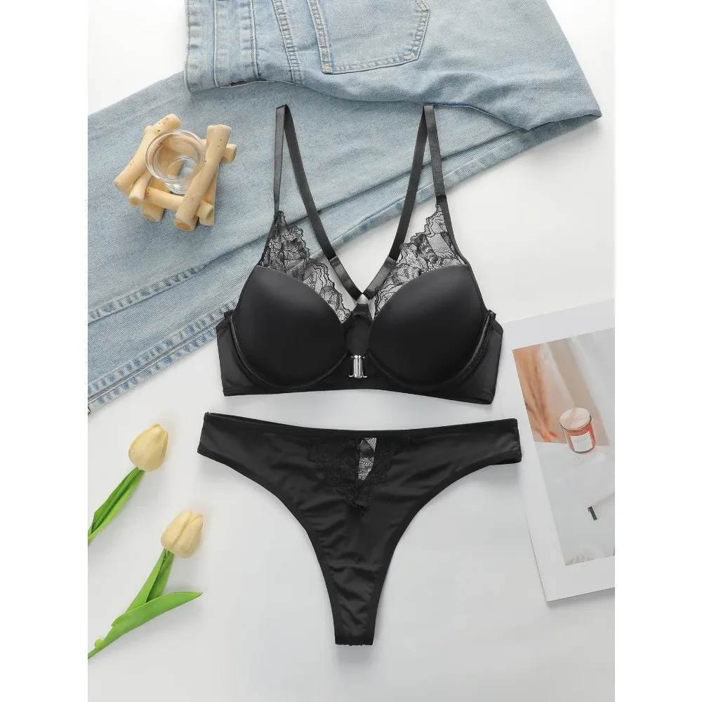 

Ladies' Black Front Dutton Beautiful Back With Steel RingLlace Sexy Bra Underwear Thong Underwear Set