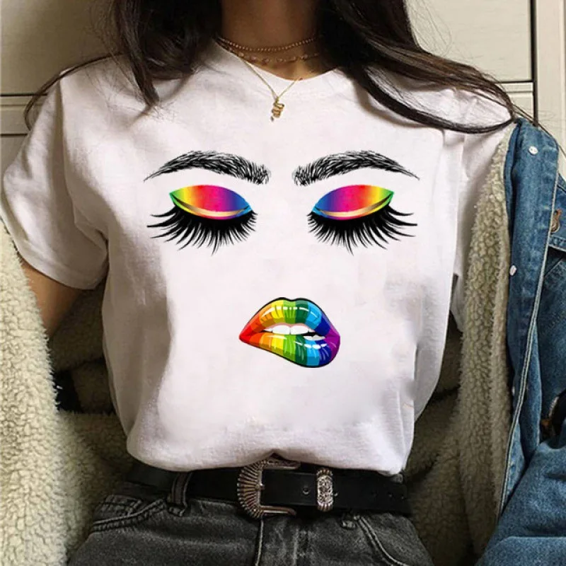 

Colorful Eyelash Eyes Lip Print Women T Shirt Short Sleeve O Neck Loose Women Tshirt Ladies Tee Shirt Tops Camisetas Mujer