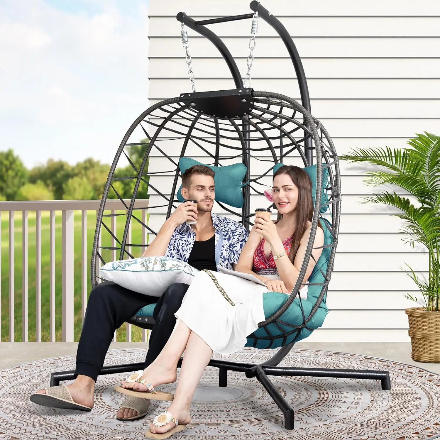 Stand Extra Large Wicker Patio Twins Egg Basket Chair for Two 510lbs Capaticy for Bedroom Balcony Patio (Blue/Grey)