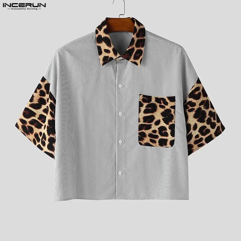 

Мужская рубашка INCERUN с леопардовым принтом, лоскутная, с отложным воротником, с коротким рукавом, свободного кроя, уличная одежда, летняя, в корейском стиле