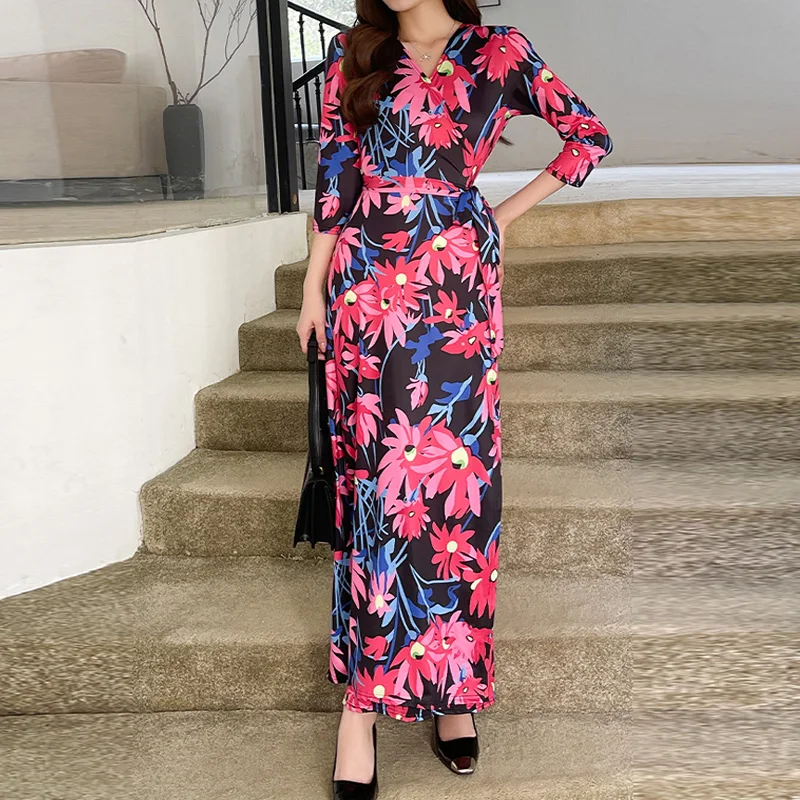 

FANIECES Sexy V Neck One Piece Long Wrap Dress Vintage Flower Print Half Sleeve Slim V Neck Maxi Dress Summer Holiday Beachwear