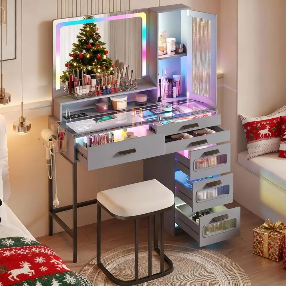 

Contemporary Grey Glass Top Makeup Vanity with 6 Drawers, Built-in RGB Lighting and Wireless Charging