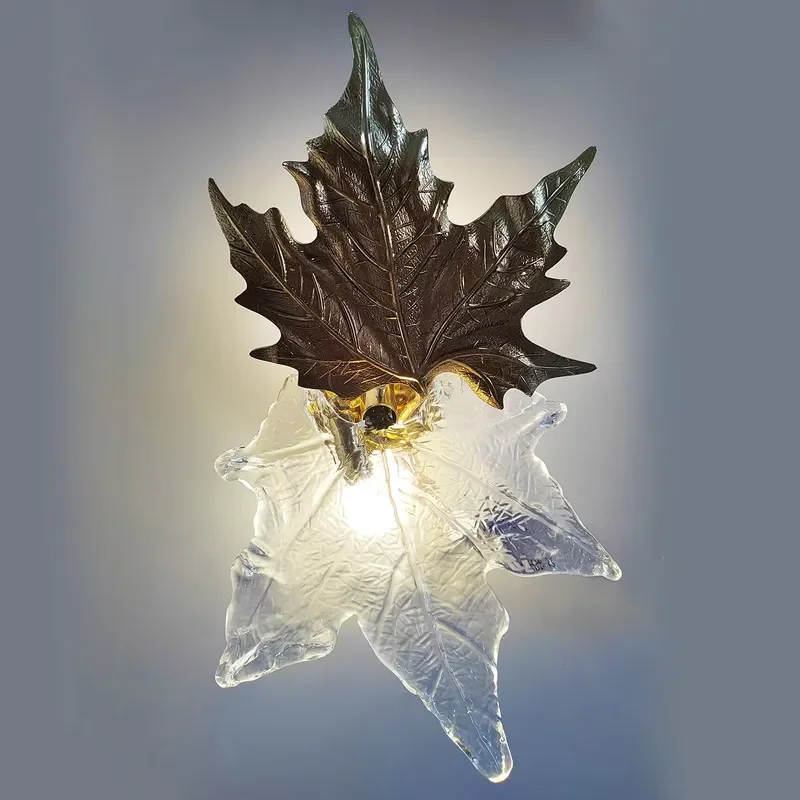 3D Art Interior Real Brass and Glass Decor Leaf Wall Light for Home Living Room