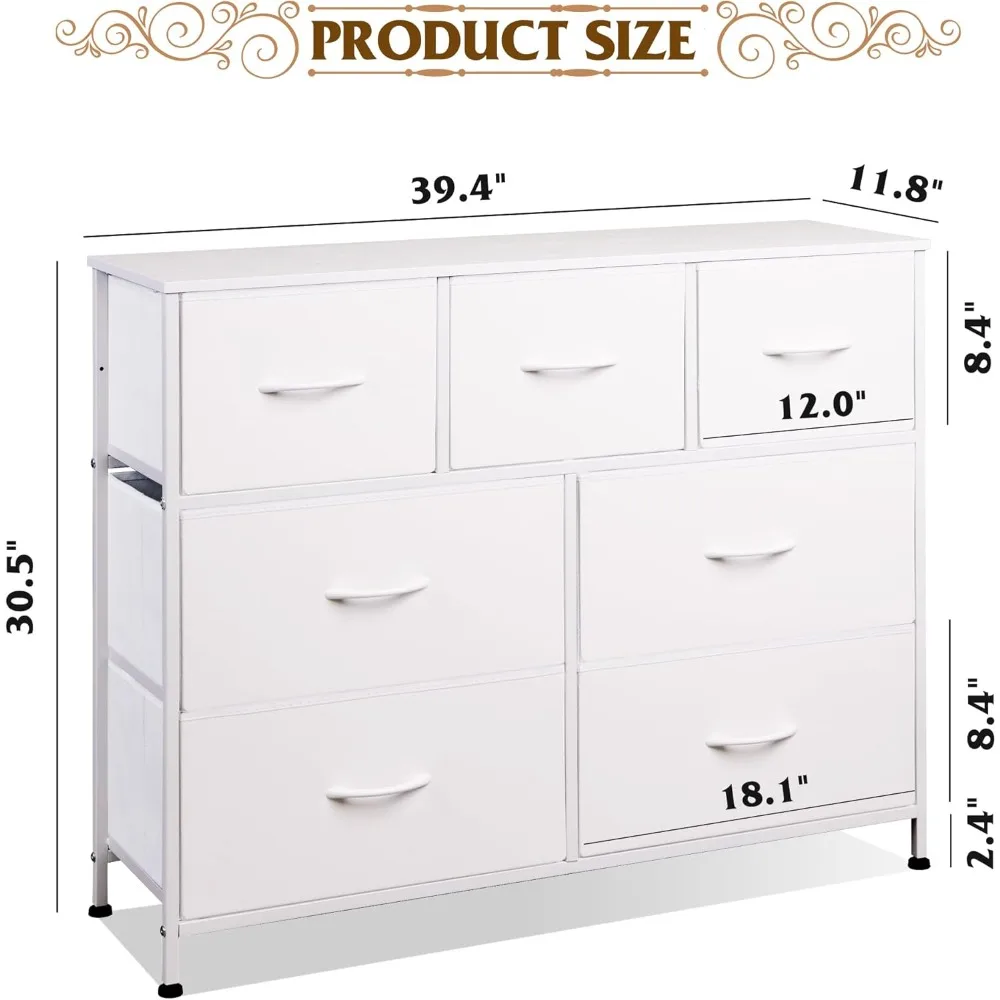 Dresser with 7 Drawers, Dressers for Bedroom, Fabric Storage Tower, Hallway, Entryway, Closets, Sturdy Steel Frame, White