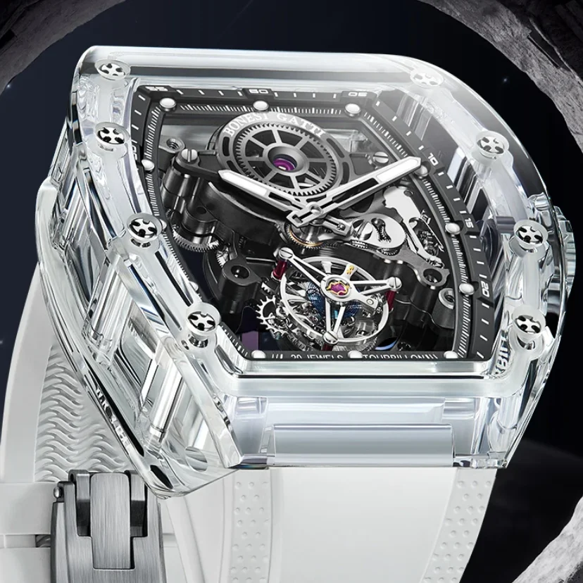 

BONEST GATTI Мужские часы с турбийоном 50 мм Tonneau Автоматические механические наручные часы Акриловый корпус Светящийся ремешок FKM Скелетонизированный циферблат