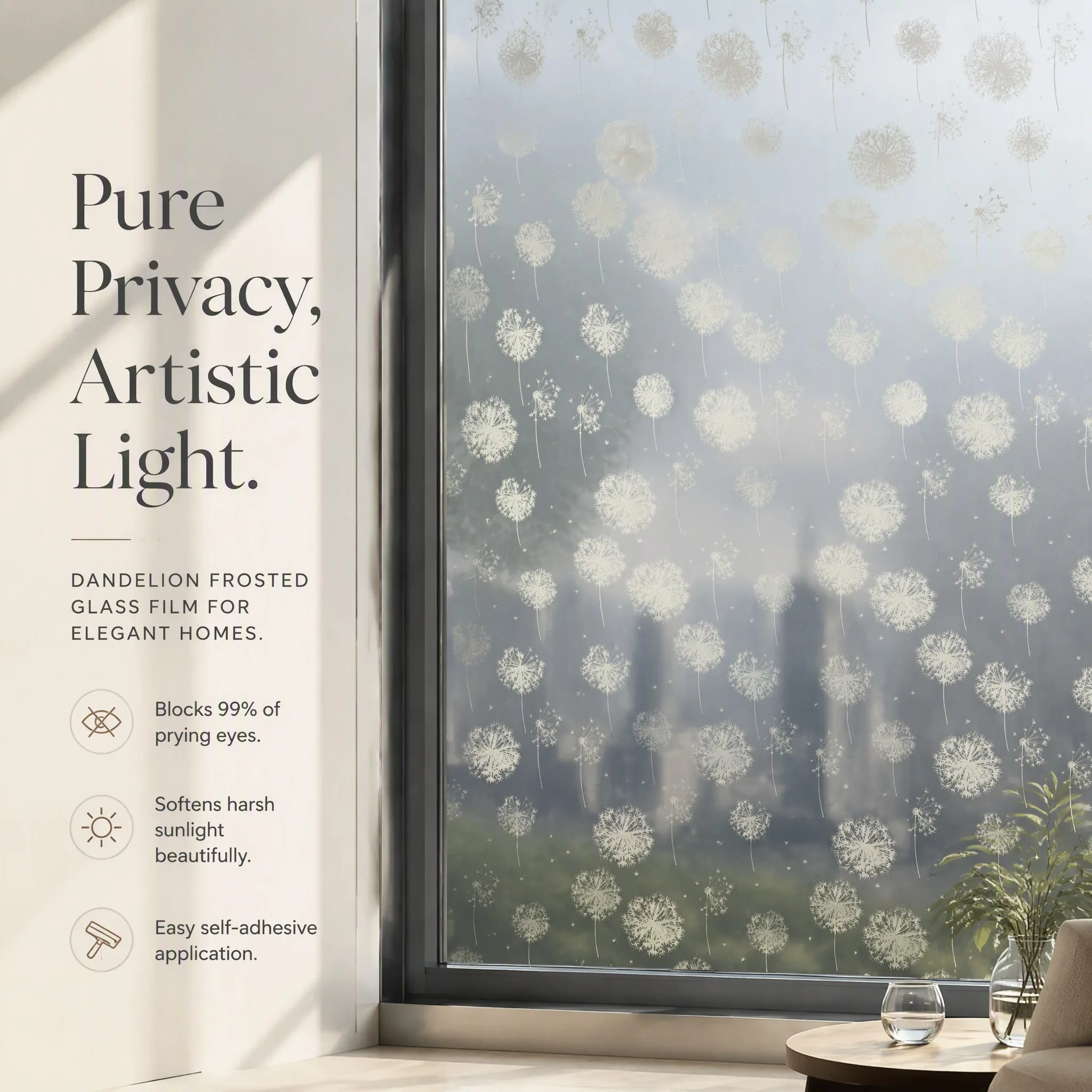 Self‑Stick Dandelion Pattern Window Privacy Film Frosted Glass Decal Waterproof Anti‑UV Removable Window Cover for Home Apartmen