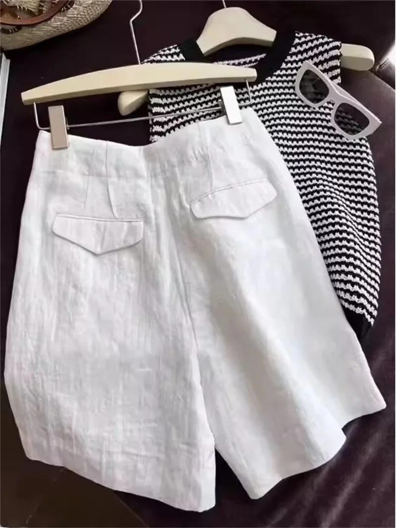 Fashion Simple Cotton Linen High Waist Wide Leg Shorts Women's 2025 Summer Thin A-Line Pants Retro Casual Half-length Trousers