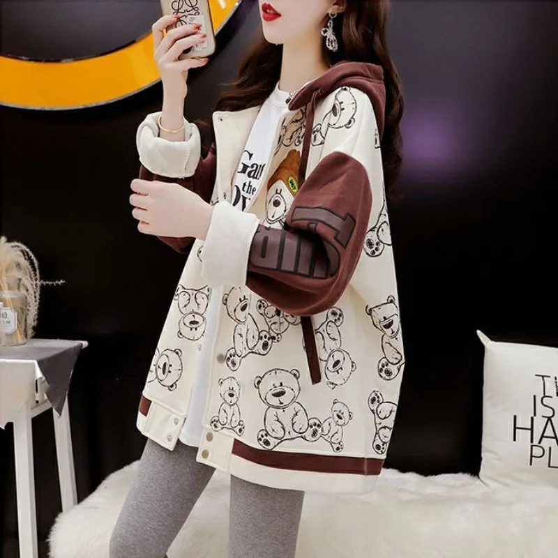 جرافيك أنثى مقنعين ملابس شبابية دافئة باردة طويلة الأكمام جديدة في معطف سميك الخريف والشتاء المرأة هوديس البلوز