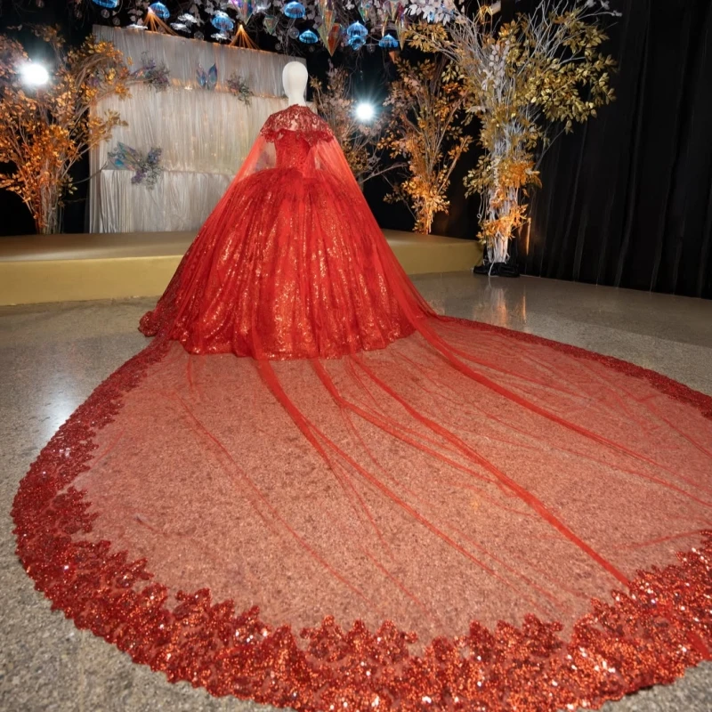 Red Shiny Ball Gown Quinceanera Dresses Sequin Applique Lace Beading Crystal With Cape Tiered Tull Corset Off The Shoulder Sweet