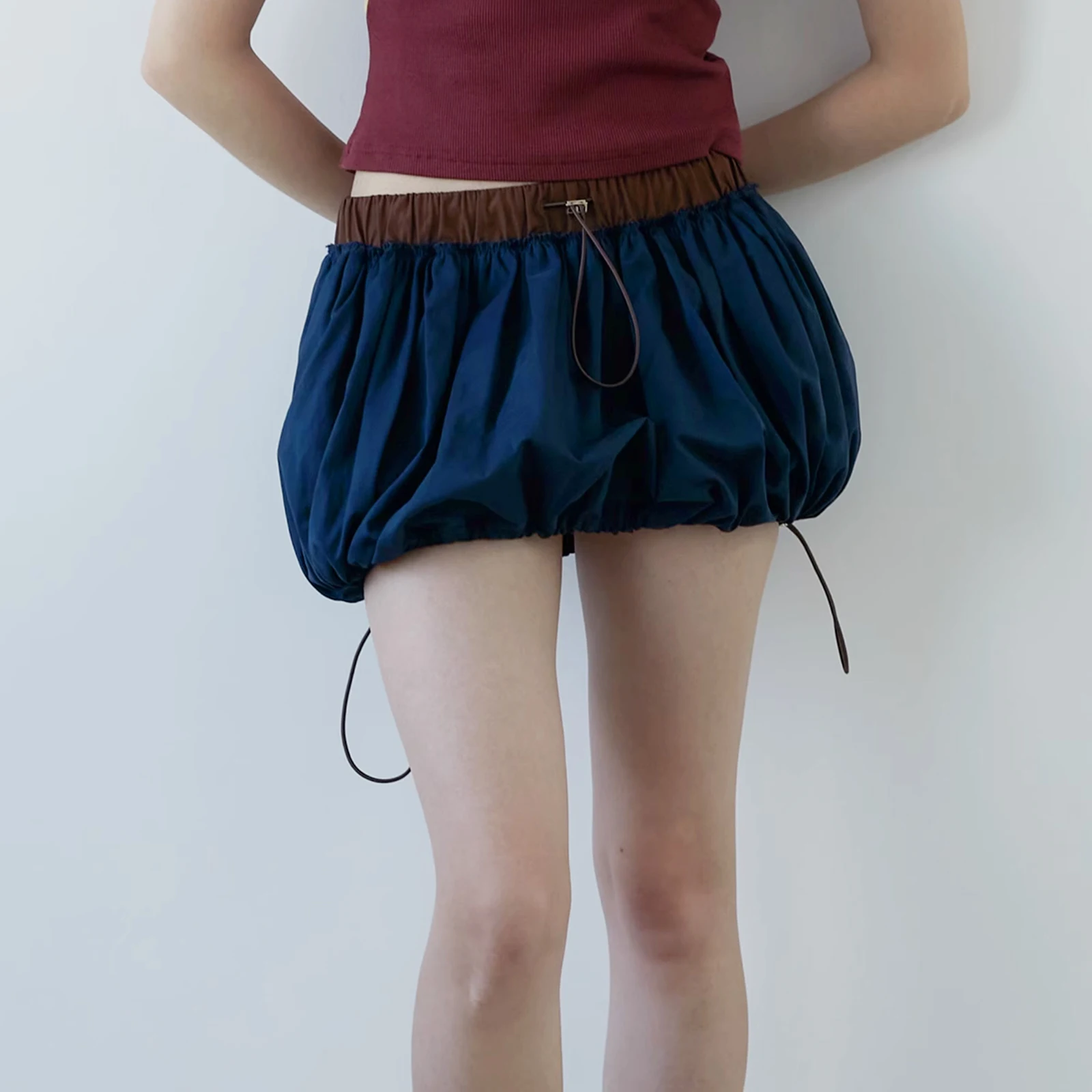 

Women Mini Skirt Elastic Waist Contrast Color Drawstring Summer Skirt Streetwear for Casual Daily