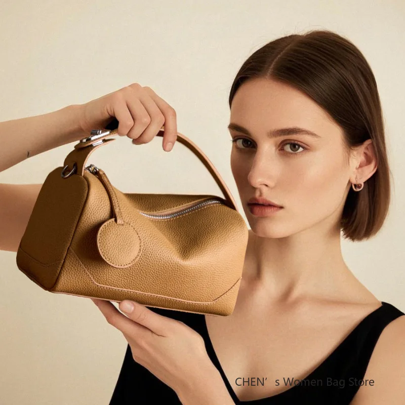 

2025 New Genuine Leather Crossbody Boston Bag,Vegetable Tanned Cowhide Women Shoulder Bag,Elegant Buckle Handbag,Black/Brown