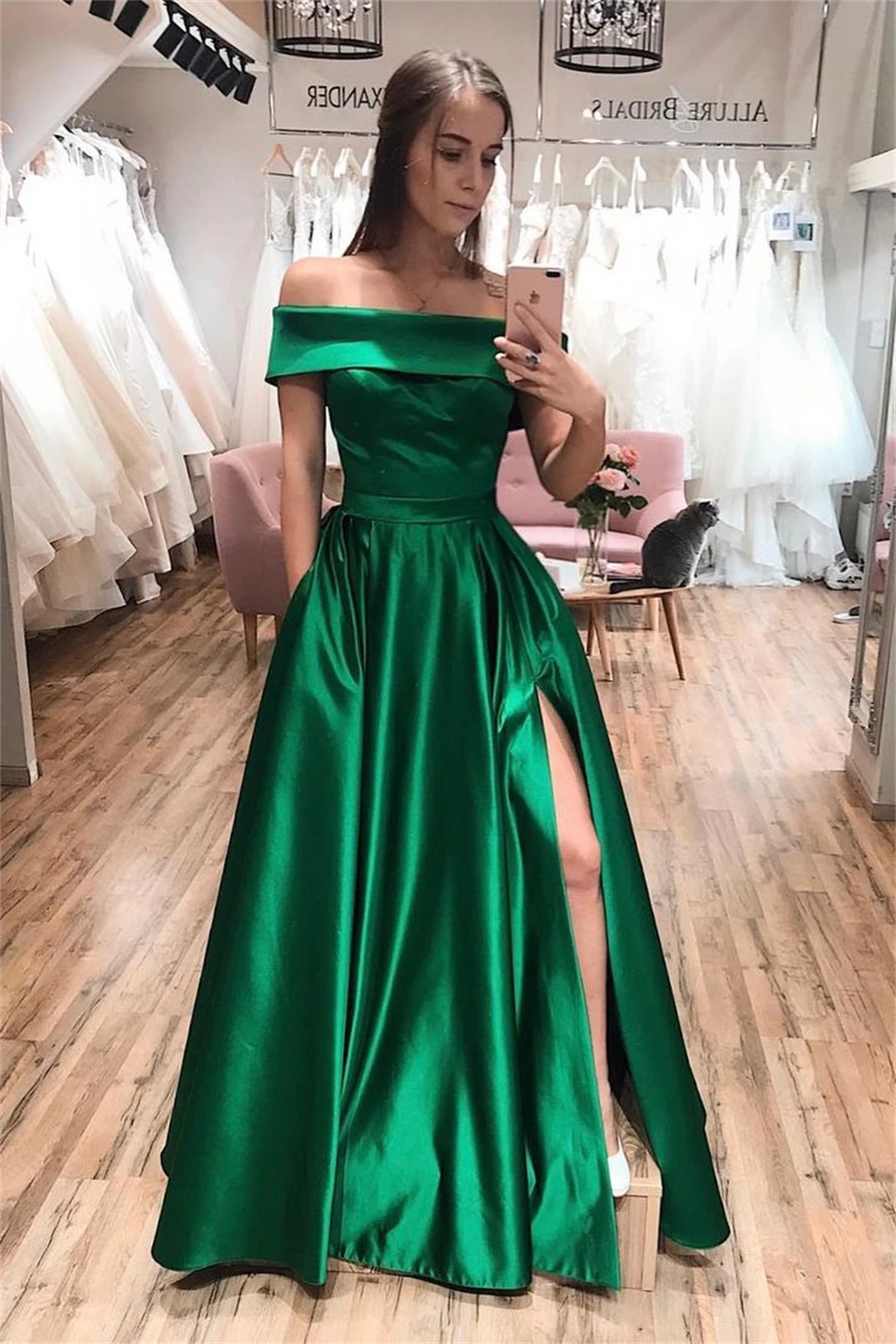 

New Green A Line Prom Dress Vintage Long Off the Shoulder Long Side Slit Formal Dress Party Gown Customized