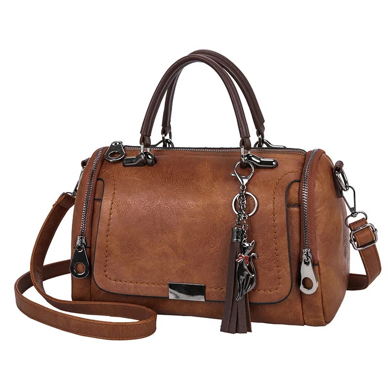 Damska torba na ramię o dużej pojemności z frędzlami Modna torba na ramię z zamkiem błyskawicznym i odpinanym paskiem Boston Handbag