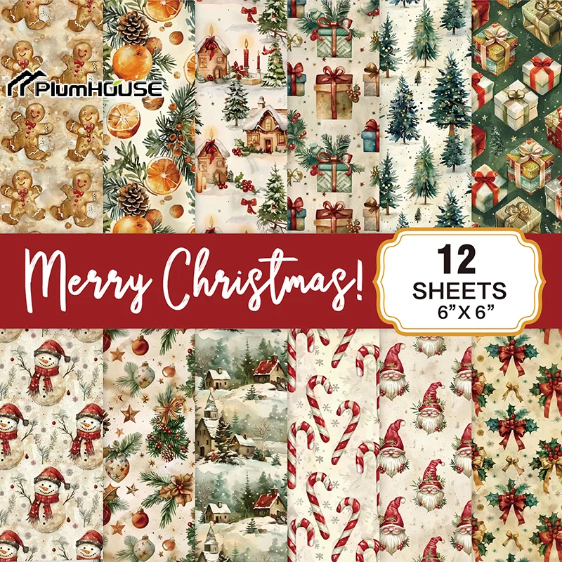 12 Sheets Christmas Scrapbook Paper Pad Glitter Confetti Snowflake Single-sided Craft Cardstock Gift Journal Decorative Paper