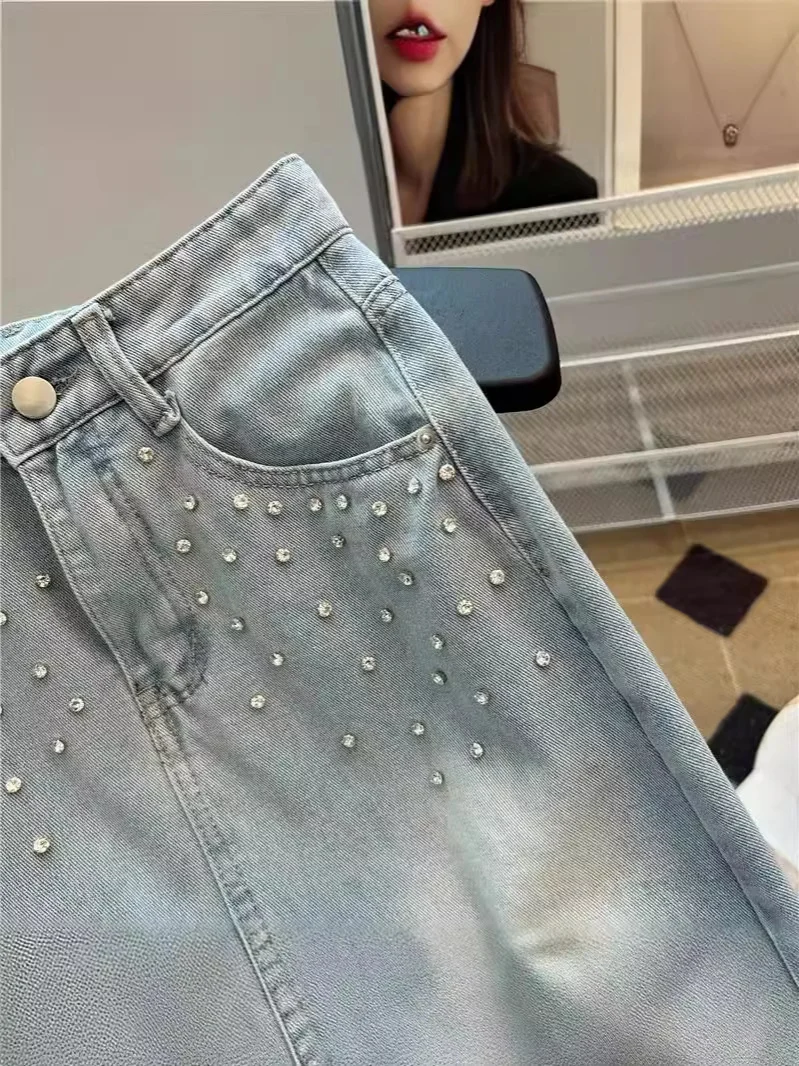 Summer High Waisted Denim Skirts Temperament Nail Bead Mid Length Casual Bodycon A-line Skirts Women Fashionable Split Skirts
